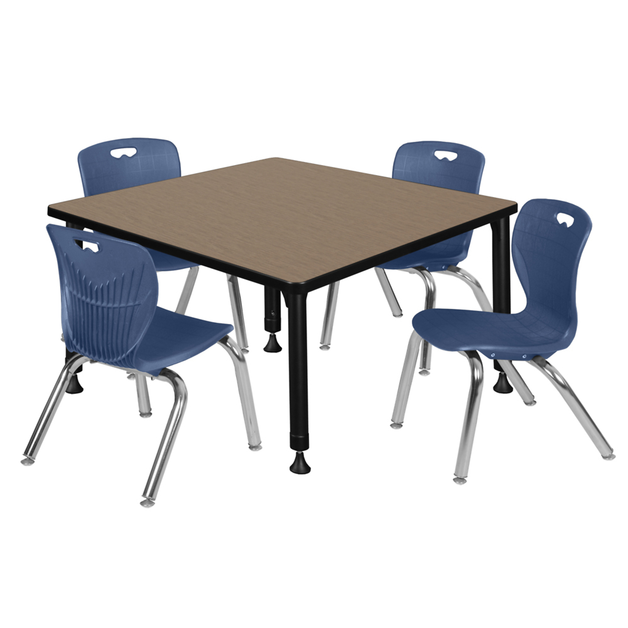Regency Kee Adjustable Classroom Table Set — 36in. Square, Noble Oak/Neo Walnut Top, Black Base, 4 Blue Stack Chairs, Model# TB3636NOAPBK45NV